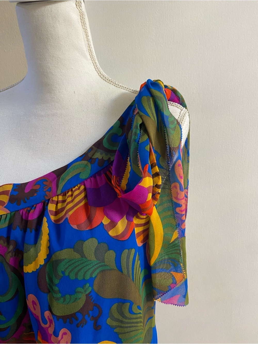 Trina Turk&Banaba Rep One-Shoulder Paisley Print Dress in Blue and Green Silk 12 - Picture 8 of 11